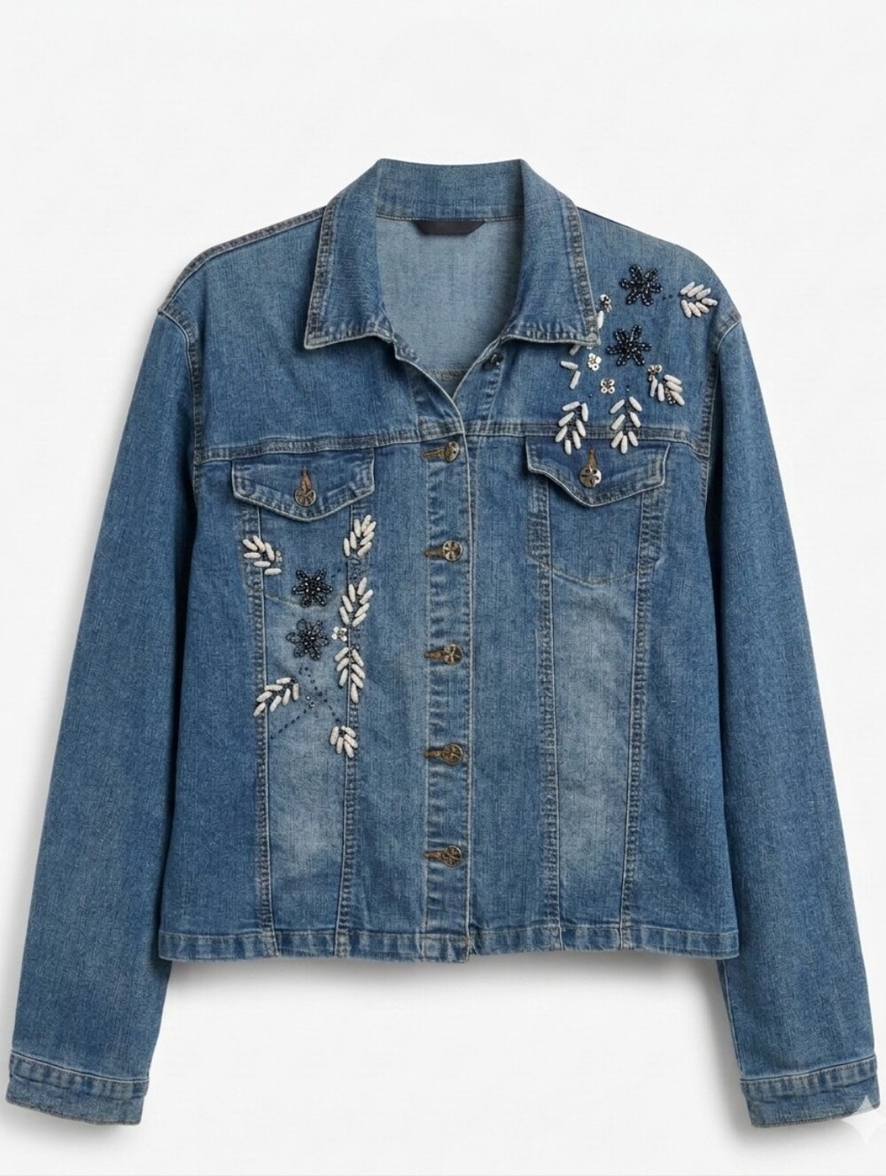Le Grenier Embellished Blue Denim Jacket with Bead Floral Accents Sz 15